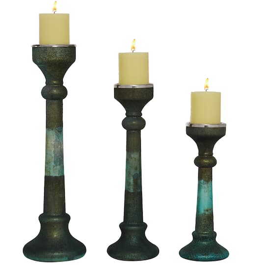 Green Glass Vintage Candle Holder Set